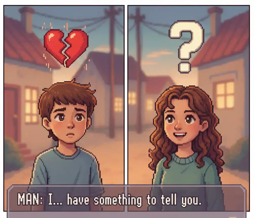 Pixel art of two people talking, one nervous and honest, the other smiling, with small icons above their heads